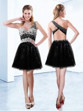  Mini Length Black Prom Gown Tulle Sleeveless Beading and Sequins