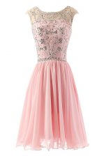  A-line Prom Gown Pink Scoop Chiffon Sleeveless Tea Length Zipper