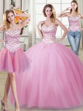 Fantastic Three Piece Floor Length Ball Gowns Sleeveless Rose Pink Quinceanera Gown Lace Up