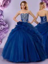 Shining Royal Blue Sleeveless Organza Lace Up Quinceanera Gown for Military Ball and Sweet 16 and Quinceanera