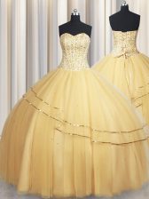  Visible Boning Big Puffy Beading and Ruching Quinceanera Dresses Gold Lace Up Sleeveless Floor Length