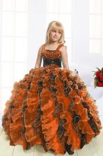 Custom Designed Orange Straps Neckline Beading and Ruffles Little Girl Pageant Gowns Sleeveless Lace Up