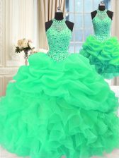  Three Piece Sleeveless Floor Length Beading and Pick Ups Lace Up Quince Ball Gowns with Green