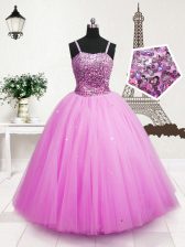 Custom Design Hot Pink Sleeveless Floor Length Beading and Sequins Zipper Little Girls Pageant Dress
