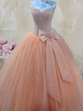 Perfect Floor Length Peach Dress for Prom Spaghetti Straps Sleeveless Lace Up