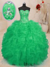 Luxury Teal and Green Organza Lace Up Sweetheart Sleeveless Floor Length Quinceanera Dress Beading and Ruffles