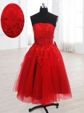 A-line Evening Dress Red Strapless Organza Sleeveless Knee Length Lace Up