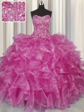  Visible Boning Strapless Sleeveless Lace Up Ball Gown Prom Dress Fuchsia Organza