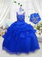  Pick Ups Royal Blue Sleeveless Organza Zipper Little Girls Pageant Dress for Party and Wedding Party