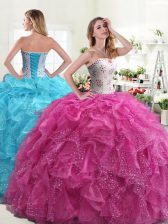 Decent Hot Pink Sweetheart Neckline Beading and Ruffles Sweet 16 Quinceanera Dress Sleeveless Lace Up