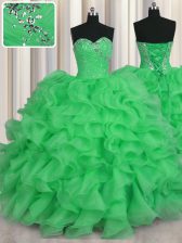  Green Lace Up Sweetheart Beading and Ruffles Ball Gown Prom Dress Organza Sleeveless