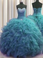 Enchanting Beaded Bust Ball Gowns 15th Birthday Dress Teal Sweetheart Organza Sleeveless Floor Length Lace Up