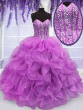 Extravagant Lilac Sleeveless Organza Lace Up Sweet 16 Quinceanera Dress for Military Ball and Sweet 16 and Quinceanera