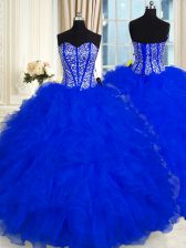 Colorful Beading and Ruffles 15 Quinceanera Dress Royal Blue Lace Up Sleeveless Floor Length