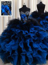  Sleeveless Floor Length Beading and Ruffles Lace Up Sweet 16 Dress with Royal Blue