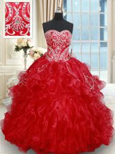 High Quality Ruffled Brush Train Ball Gowns Quinceanera Dresses Red Sweetheart Organza Sleeveless Lace Up