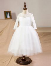 Customized White Scoop Neckline Lace Flower Girl Dresses Half Sleeves Clasp Handle