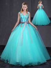  Ball Gowns Sweet 16 Dress Aqua Blue V-neck Tulle Sleeveless Floor Length Lace Up