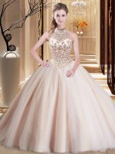  Halter Top Sleeveless Tulle 15 Quinceanera Dress Beading Brush Train Lace Up