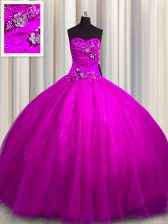 Sumptuous Sweetheart Sleeveless Tulle and Sequined Sweet 16 Dresses Beading and Appliques Lace Up