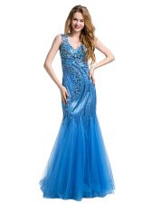  Mermaid Baby Blue Tulle Zipper Prom Gown Sleeveless Floor Length Beading and Appliques