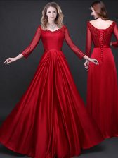  Long Sleeves Lace Up Prom Party Dress Wine Red Elastic Woven Satin