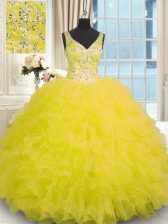 Nice Yellow Sleeveless Floor Length Beading and Ruffles Zipper Sweet 16 Dress