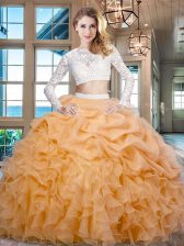  Gold Scoop Neckline Beading and Lace and Ruffles Quince Ball Gowns Long Sleeves Zipper