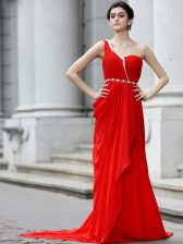 Pretty One Shoulder Sleeveless Prom Dresses With Brush Train Beading and Ruching Red Chiffon