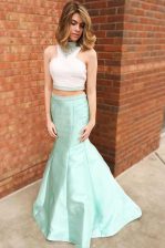 Deluxe Mermaid Halter Top Apple Green Sleeveless Satin Zipper Prom Evening Gown for Prom