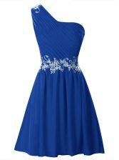 Dynamic Royal Blue A-line Chiffon One Shoulder Sleeveless Appliques and Ruffles Mini Length Zipper Prom Party Dress