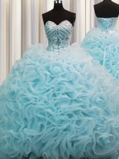 Charming Rolling Flowers Aqua Blue Organza Lace Up Sweet 16 Dress Sleeveless Brush Train Beading and Pick Ups