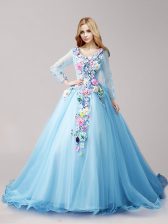  Baby Blue Ball Gowns Tulle V-neck Long Sleeves Hand Made Flower Lace Up Ball Gown Prom Dress Brush Train