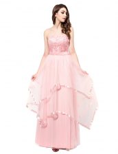  Baby Pink Organza Zipper Strapless Sleeveless Floor Length Prom Evening Gown Lace