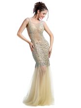 Sophisticated Mermaid Champagne Tulle Backless Square Sleeveless Floor Length Dress for Prom Beading