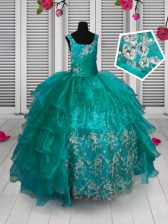  Appliques and Ruffled Layers Little Girls Pageant Gowns Turquoise Lace Up Sleeveless Floor Length