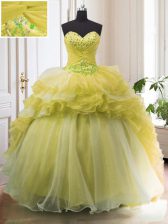  Ruffled With Train Ball Gowns Sleeveless Light Yellow Quinceanera Gown Court Train Lace Up