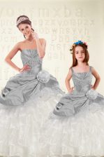 Suitable Sleeveless Beading and Ruffled Layers and Hand Made Flower Lace Up Ball Gown Prom Dress
