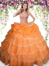 Luxurious Orange Sweetheart Lace Up Beading and Ruffled Layers and Pick Ups Quince Ball Gowns Sleeveless