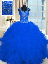  Royal Blue Cap Sleeves Beading and Ruffles Floor Length Quinceanera Gown