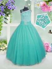  Floor Length Ball Gowns Sleeveless Turquoise Pageant Gowns For Girls Zipper