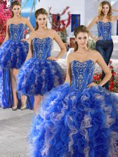 Deluxe Four Piece Blue Ball Gowns Organza Sweetheart Sleeveless Beading Floor Length Lace Up Sweet 16 Dresses