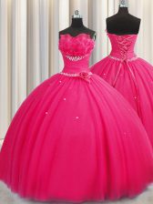 Flare Handcrafted Flower Floor Length Lace Up Quinceanera Gown Hot Pink for Military Ball and Sweet 16 and Quinceanera with Beading and Sequins and Hand Made Flower