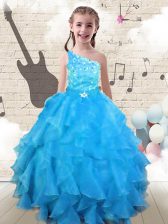 Affordable Ball Gowns Little Girls Pageant Dress Aqua Blue One Shoulder Organza Sleeveless Floor Length Lace Up
