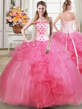 Best Selling Floor Length Hot Pink 15 Quinceanera Dress Tulle Sleeveless Beading and Appliques and Ruffles