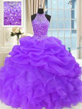 High Quality Purple Organza Lace Up High-neck Sleeveless Floor Length Sweet 16 Quinceanera Dress Beading and Pick Ups