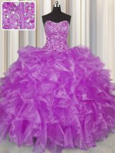 Perfect Visible Boning Beading and Ruffles Quinceanera Gown Lilac Lace Up Sleeveless Floor Length