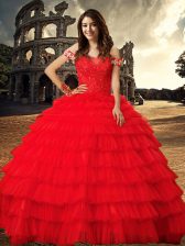  Ruffled Chapel Train Ball Gowns Quince Ball Gowns Red Off The Shoulder Tulle Sleeveless With Train Lace Up