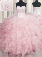 Free and Easy Visible Boning Scalloped Sleeveless Organza Floor Length Lace Up 15 Quinceanera Dress in Baby Pink with Beading and Ruffles