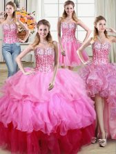 Inexpensive Four Piece Organza Sweetheart Sleeveless Lace Up Ruffles and Sequins Vestidos de Quinceanera in Multi-color